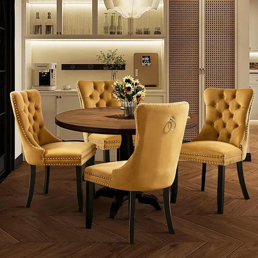 Velvet Upholstered Dining Chairs Set of 4, Modern Style Kitchen Side Chairs with Nailhead Trim and Wood Legs,Metal Pulling Ring for Dining Room Living Room(Gold)