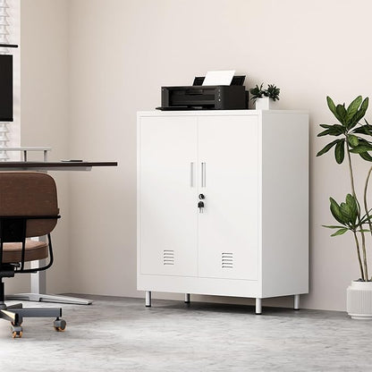 Metal Storage Cabinet with Locking Doors and Adjustable Shelves, Small Lockable Storage Cabinet for Home Office Garage Pantry Entryway Living Room (White)