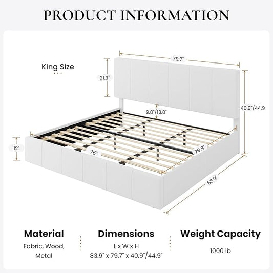 SHA CERLIN King Size Bed Frame, Velvet Upholstered Platform Bed, Vertical Channel Tufted Adjustable Headboard, Low Profile Bed Frame, No Box Spring Needed, Easy Assembly, White