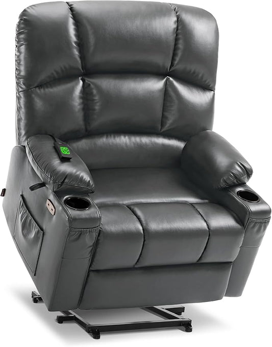 MCombo Oversized Dual Motor Power Lift Recliner Chair Sofa with Massage and Heat for Big Elderly People, Infinite Position, USB Ports, Faux Leather R7677 (Dark Grey, Medium-Oversize)