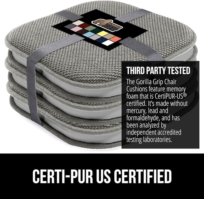 GORILLA GRIP Slip Resistant Chair Cushions, No Ties Required, Memory Foam Pads for Dining Room, Kitchen Table, Office, Rocking Chairs, Plush Seat Cover Cushion Pad, Home Decor, Set of 4, 16x16, Gray