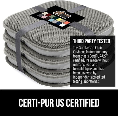 GORILLA GRIP Slip Resistant Chair Cushions, No Ties Required, Memory Foam Pads for Dining Room, Kitchen Table, Office, Rocking Chairs, Plush Seat Cover Cushion Pad, Home Decor, Set of 4, 16x16, Gray