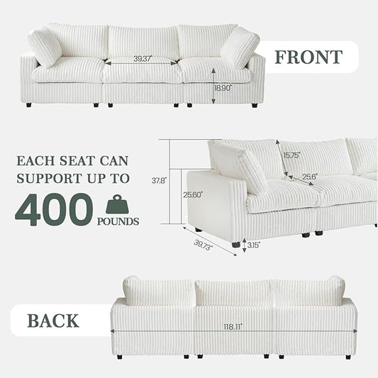 Modern Modular Sectional Sofa, 118.11" Oversized Cloud Sectional Couch, 3 Seat Comfy Modular Couches for Living Room, Plush Couch Cushion Covers Removable, Beige
