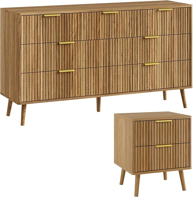 LYNSOM Fluted Dresser and Nightstand Sets 2 Piece, 2-Drawer Nightstands and 7-Drawers Dresser, Wood Bedroom Furniture Set for Home, Bedroom, Hallway, Natural Oak