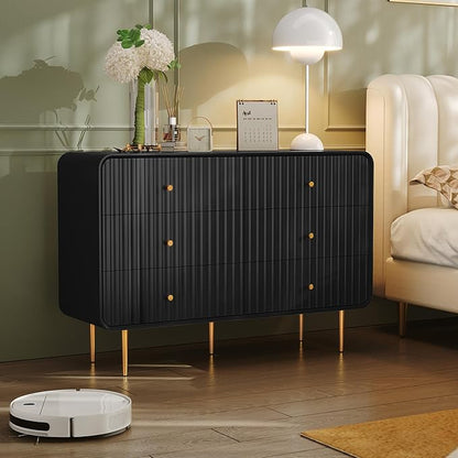 HLR Black Dresser for Bedroom,48'' Wide Wood Chests of Drawers,Modern Fluted 6 Drawer Dresser with Gold Metal Handles,Clothes Deep Drawer Dressers Storage for Living Room,Hallway