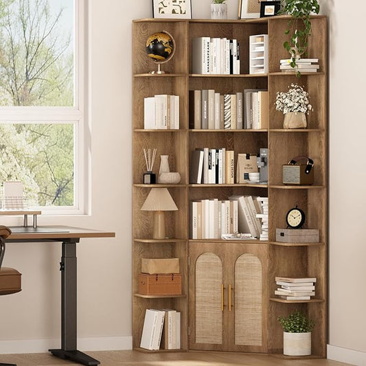 74" Tall Corner Bookshelf, L Shaped Bookcase with 2 Arched Rattan Doors & 16 Open Storage Shelves, 6-Tier Boho Large Corner Shelf with Cabinet for Living Room, Home Office