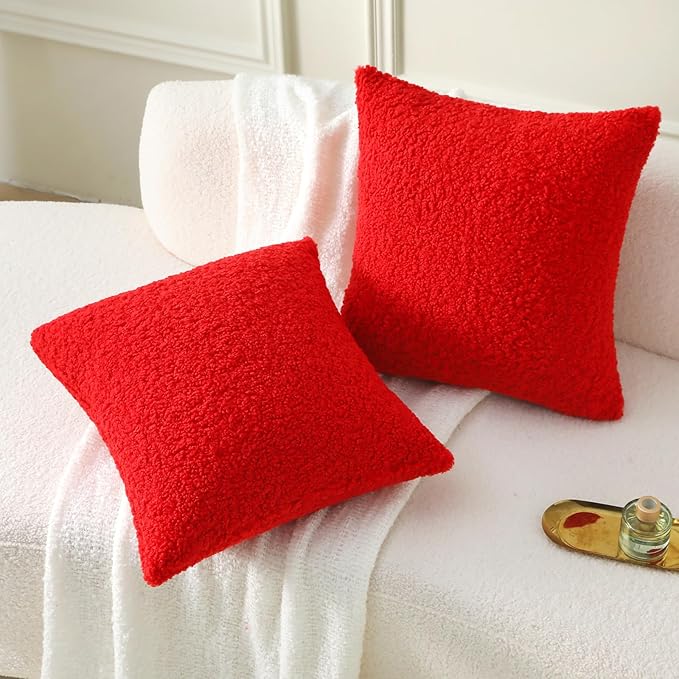 FUTEI Christmas Red Throw Pillow Covers 24x24 Inch Set of 2,Furry Faux Fur Teddy Boucle Textured Cushion Covers,Soft Fluffy European Pillow Shams,Home Decor for Couch Bed Living Room Office Car