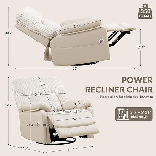 GRAINELL Swivel Rocker Recliner Chair with Massage and Heat, USB Charging Port, Infinite Position Power Recliner, Electric Glider Rocking Chairs for Living Room, Nursery (Lvory)