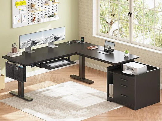 SEDETA L Shaped Electric Standing Desk with File Cabinet, 63 x 53'' Height Adjustable Home Office Computer Desk with Drawers, Power Outlet, Stand up Gaming Table with Led Lights, Keyboard Tray, Black