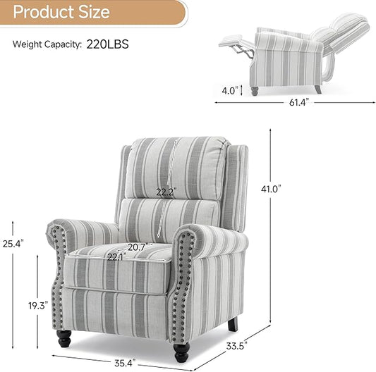 Lumibee Pushback Recliner Chair,Upholstered Wingback Chair for Small Spaces,Floral Fabric Armchair for Living Room,Single Sofa Accent Chair Reading Seat for Balcony,Bedroom-Striple Gray