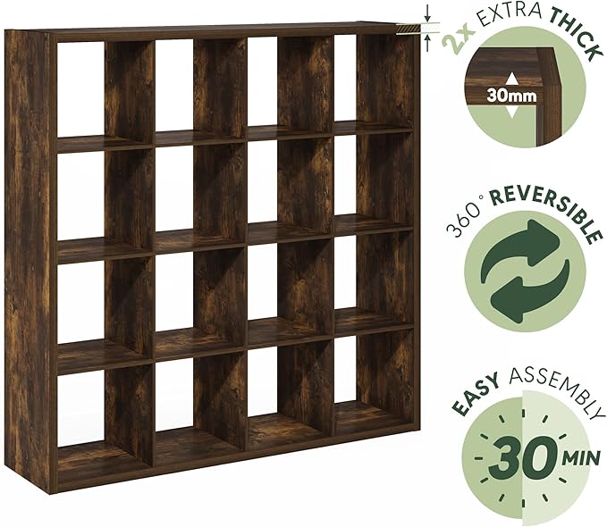 Furinno Cubicle Book Shelf, 16-Cube Thick Frame Bookshelf, Reversible Bookcase with Open Back, 14.6 x 57.8 x 58, for Living Room, Bedroom, Home Office, Amber Pine