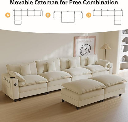 Cloud Couch, Modular Sectional Sofa with Ottoman, Charging Station, Throw Pillows, Cup Holders, Modern Convertible L Shaped Couches for Living Room, Bedroom (White, 152"- U Shape)