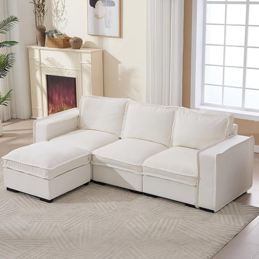 Modern Sectional Sofa for Living Room, Upholstered 3-Seater Modular Couches Linen Fabric L-Shaped Sofa with Ottoman for Home Furniture, White