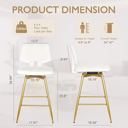 VECELO Swivel Upholstered Bar Stools Set of 2, Counter Height Barstools with Back, Metal Legs, 35.2-Inch Tall Barstools for Kitchen Island, Home Bar, Cafe, White