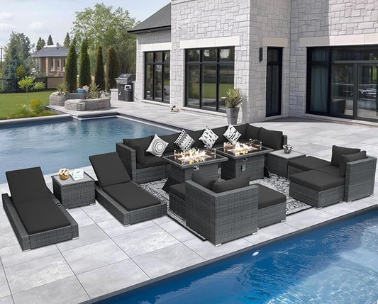 NICESOUL 18 Piece Patio Furniture with Firepit and Chaise, Full Size 14-People Outdoor Sectional Sofa Set with Fire and Lounger, Water Resistant Heavy Duty All-Weather Backyard Sitting Group, Grey