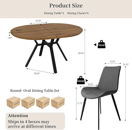 Extendable Round Dining Table Set for 6 People, 43.3"-59.1" Extendable Kitchen Table with 6 Upholstered Chairs, Space Saving for Kitchen Dining Room (Walnut Table+6 Grey Chairs)