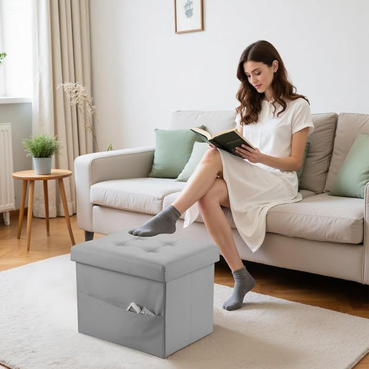 Storage Ottoman Foot Rest Stool, Small Leather Storage Ottomans Bench, Folding Footstool with Side Pockets, Foot Rest Under Desk for Living Room Bedroom, 16x12x12 in, Grey