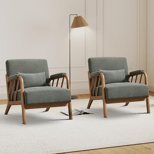 Mid Century Modern Accent Chair with Solid Wood Frame, Upholstered Living Room Chairs with Lumbar Cushion Padded Arms, Reading Armchair for Bedroom Set of 2, Green