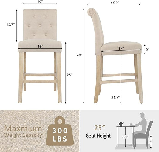 GOTMINSI 24" Bar Stools Set of 4 for Kitchen Island Upholstered Counter Height Bar Stools with Button Tufted Decoration Barstools Home Kitchen Island Wooden Bar Chairs Beige