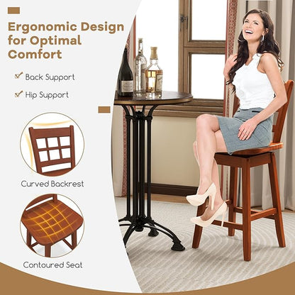 COSTWAY Swivel Bar Stools Set of 4, 24.5 Inch Counter Height Bar Chairs w/Hollow Backrest & Contoured Seat, Wooden Barstools w/Footrest for Kitchen Island, Pub, Bistro, Cafe (4, Walnut)