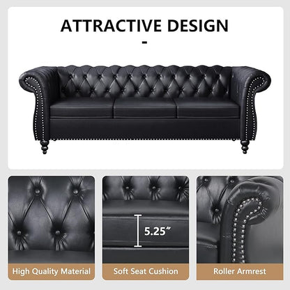 Home Sofa Living Room Furniture, 3 Seater Leather Upholstered Sofa Couch, Modern Comfy Couch with Faux Leather Cushions, Mid Century Tufted Chesterfield Sofas for Bedroom, Office, Apartment (Black)