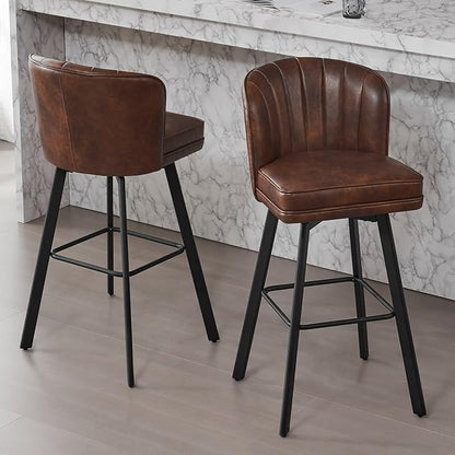 Swivel Counter Height Bar Stools Set of 3, 30'' Modern Barstools with Backs and Metal Legs, Upholstered Bar Chairs, Faux Leather Brown Stools for Kitchen Island Chairs