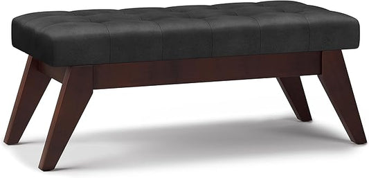 SIMPLIHOME Draper 40 inch Wide Mid Century Modern Rectangle Tufted Ottoman Bench in Distressed Black Vegan Faux Leather, Assembled, For the Living Room and Bedroom