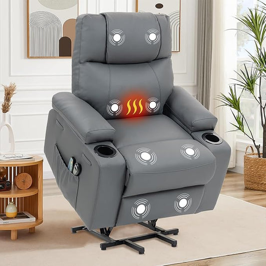 Power Lift Recliner Chair for Elderly, Electric Stand Assist Reclining Chair with Massage and Heat Function, Leather Living Room Furniture, Comfy Single Sofa with Cup Holders, Side Pockets, Gray