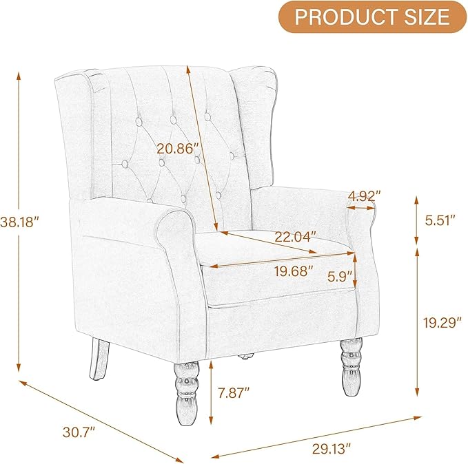 UIXE High Back Accent Chair, Fabric Upholstered Armchair Retro Wingback Arm Chair for Living Room, Comfy Single Sofa Bedroom Retro Reading Seat with Solid Wood Legs - Brown