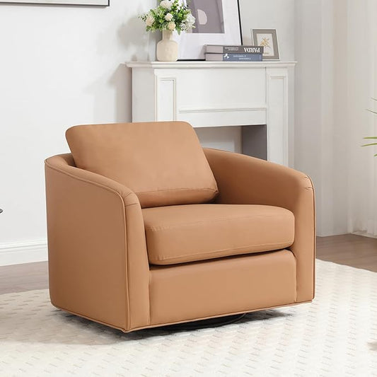 MINCETA Oversized Accent Chair for Living Room, 360° Swivel Barrel Chair with High Density Foam, Modern Reading Chair with PU Leather Upholstered Armchair for Apartment, Bedroom Brown