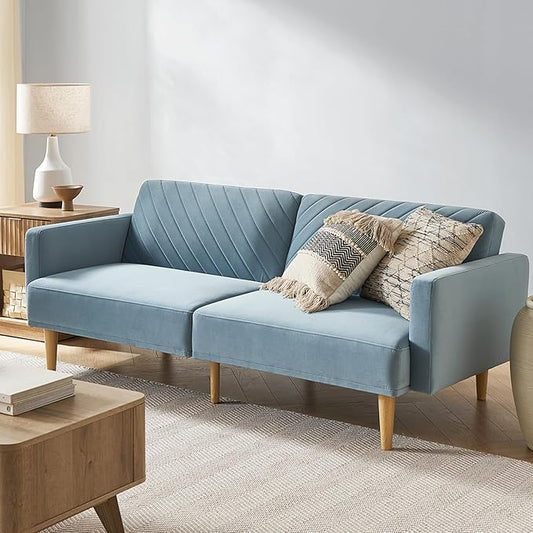 mopio 76.4" Futon Sofa Bed, Couch, Loveseat, Sleeper Sofa, Mid Century Modern Futon Couch, Sofa Cama, Couches for Living Room (Sky Blue Premium Velvet)