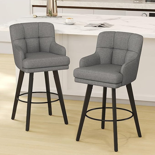 360°Swivel Counter Height Bar Stools with Back, 30 inch Solid Wood Legs, Bar Stool Modern Kitchen Island Chairs, Fabric (Mid-Grey- Fabric, 30" H- Set of 2)