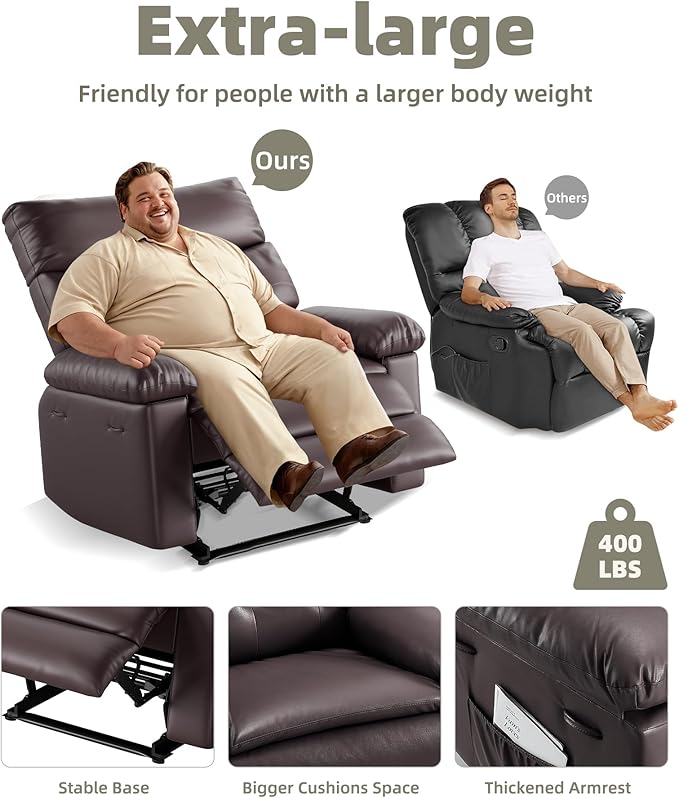 GarveeHome Oversized Recliner Chairs, Classic Manual Leather Recliner, Home Theater Seating with Lumbar & Arms Support for Living Room, Bedroom and Nursery - Brown