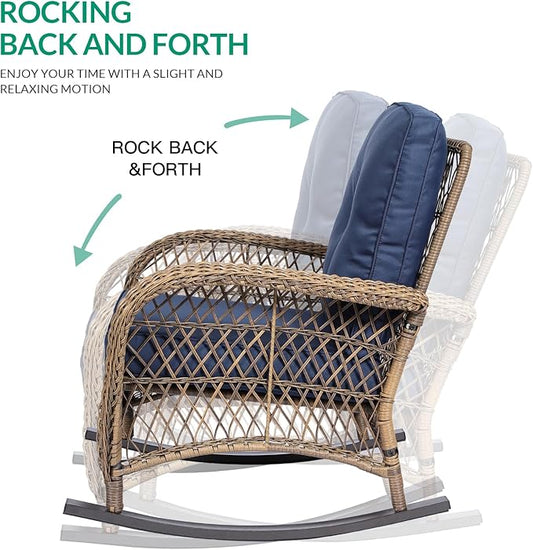 VIVIJASON 4-Piece Outdoor Patio Wicker Conversation Sets, All Weather Outdoor Rattan Furniture Set Includes Glider Loveseat, Coffee Table, 2 Rocking Chairs with Cushions for Backyard, Navy Blue
