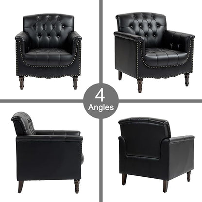Lumibee Faux Leather Armchair, Contemporary Accent Chair with Nailhead Trims & Wood Legs for Living Room, Upholstered Comfy Arm Chair for Office,Bedroom-Black