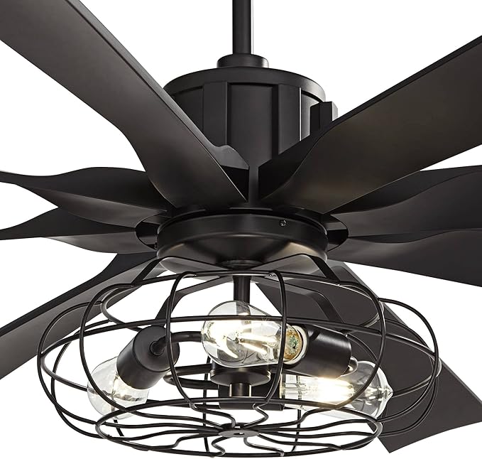Possini Euro Design 70" Defender Modern Industrial Indoor Ceiling Fan with LED Light Remote Control Matte Black Metal Cage for Living Kitchen House Bedroom Family Dining Home Office Kids Room