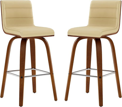 Armen Living Vienna Modern Swivel 26" Counter Height Barstool with Cream Faux Leather and Walnut Wood Finish