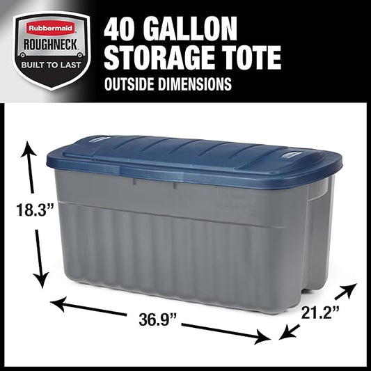 Rubbermaid Roughneck️ 40 Gallon Storage Totes, Pack of 2, Durable Stackable Storage Containers with Hinged Lids, Nestable Plastic Storage Bins for Tools, Toy Storage, Grey and Dark Indigo Metallic