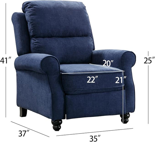 Push Back Recliner Chair, Fabric Armchair Overstuffed Pushback Recliner, Heavy Duty Single Sofa Chair with Padded Seat Solid Wood Legs for Living Room (Blue)