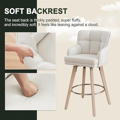 360°Swivel Counter Height Bar Stools with Back, 30 inch Solid Wood Legs, Bar Stool Modern Kitchen Island Chairs, Fabric (Beige- Fabric, 30" H- Set of 2)