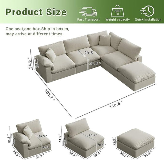 Cloud Modular Sectional Sofa,143" Down Filled Sofa 4 Seat with Chaise,Minimalist Sofa Cover Washable and Replaceable Couches for Living Room,Sectional Sofa Deep Seat
