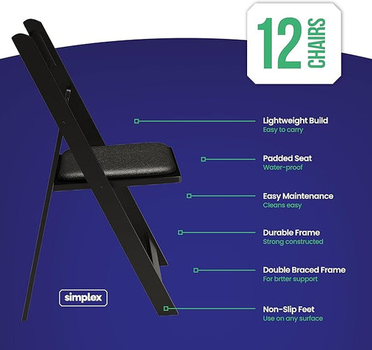 SIMPLEX 12 Black Resin Stackable Folding Chair - Comfortable Black Foldable Chair - Folding Chairs with Padded Seats - Indoor/Outdoor Folding Chairs for Events - Lightweight Foldable Chairs (12 Pack)