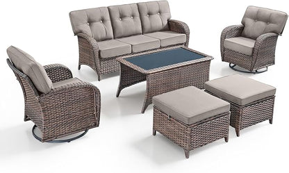 6-Piece Rotating Balcony Chair Set with 31-inch T-Shaped Wide backrest - Rattan Outdoor Rotating Balcony Chairs, Wide backrest Comfortable Outdoor Sliding Chair - Brown | Grey
