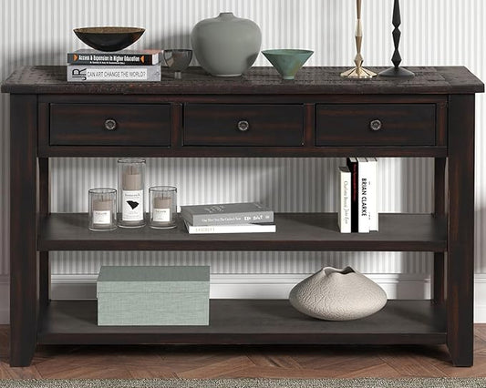 LKTART Solid Wood Console Table,Sofa Table with Storage Drawers and Bottom Shelf,Entryway Table for Entry Hallway Foyer,Easy Assembled (48.8" Distressed Black)