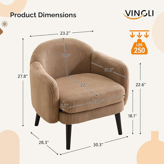 VINGLI 30.3" Wide Modern Barrel Accent Armchair with Track Armrest, Solid Wooden Legs, Comfy Upholstered Club Chair, Round Single Home Sofa for Living Room, Bedroom, Reading Room, Corduroy Khaki