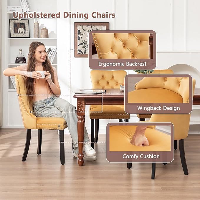 Velvet Dining Chairs Set of 6, Tufted Dining Room Chairs with Nailhead Ring Pull Trim, Upholstered Dining Chairs with Solid Wood Legs for Kitchen Dining Room (Gold)