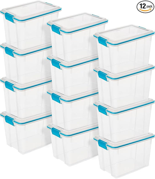 Sterilite 12-Pack Gasket Box, Weather-Resistant Storage Bins with Latching Lids, 20 Quart - Heavy-Duty Organizing Containers for Closet, Bathroom, and Office