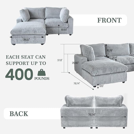 L Shaped Sofa with Ottoman, 78.74" Modular Sectional Couches for Living Room, Loveseat Couch with Removable Covers, Plush Deep Seat Sleeper Sofa for Apartment and Small Space, Gray