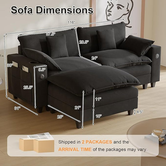 Cloud Couch, Modular Sectional Sofa with Ottoman, Charging Station, Throw Pillows, Cup Holders, Modern Convertible L Shaped Couches for Living Room, Bedroom (Classic Black, 80.7"- L Shape)