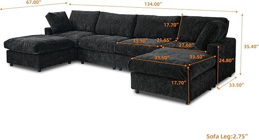 WJShome Cloud Couch Modular Sectional Sofa, 134" U Shaped Couch for Livingroom, Oversized Convertible Wide Seater with 2 Ottomans Living Room Set, Covers Washable&Replaceable,Black